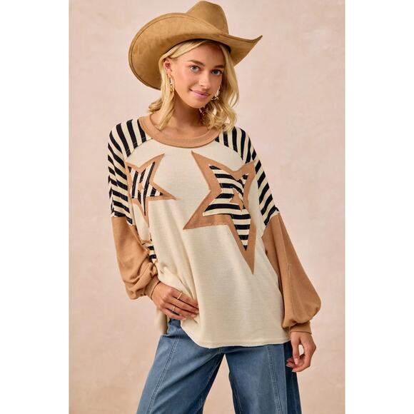 BiBi Star Patchwork Mixed Round Neck Long Sleeves Oversized Sweatshirt | Oatmeal - Picture 3 of 10